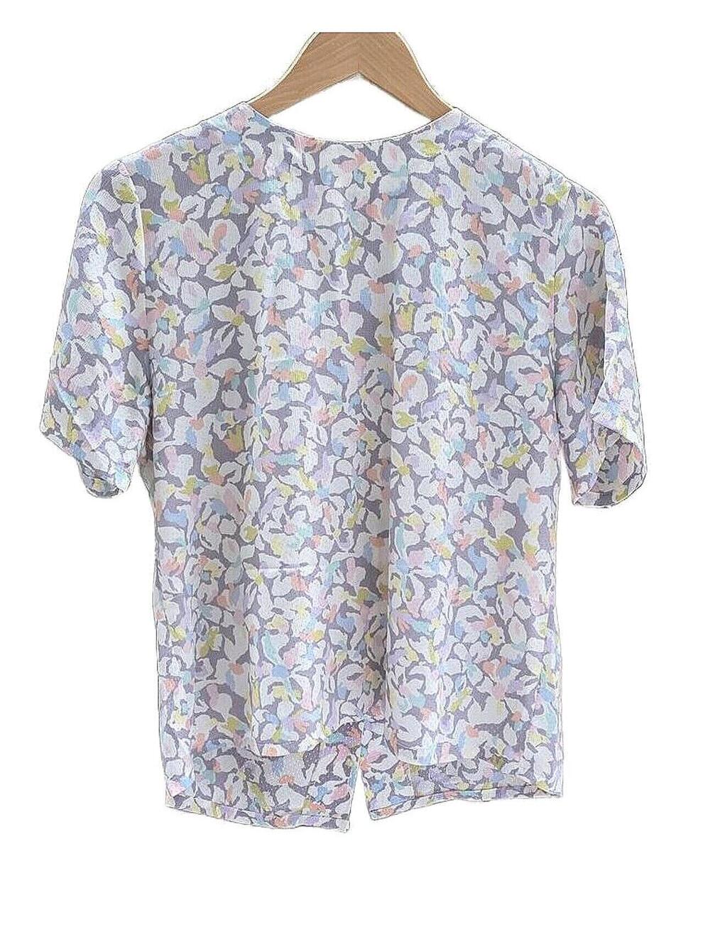 Nicola Delicate Silky Stylized Pastel Floral Back Button Shirt  2P Short Sleeve